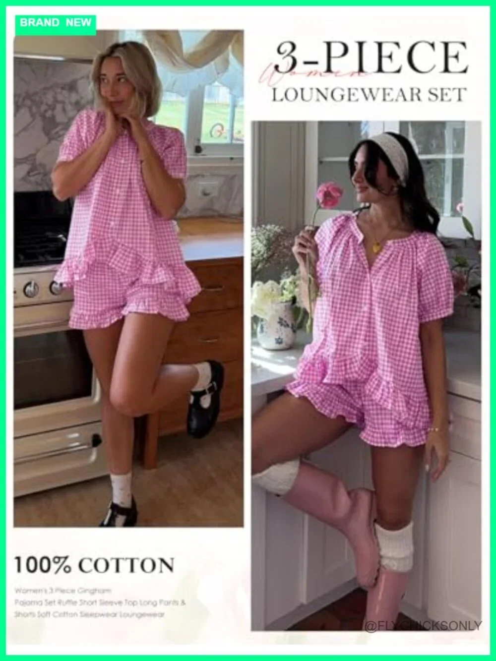 3 Piece Gingham Pajama Set Ruffle Short Sleeve Top Long Pants & Shorts Cotton